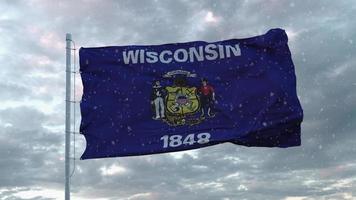 bandera de invierno de wisconsin con fondo de copos de nieve. Estados Unidos de America. representación 3d foto