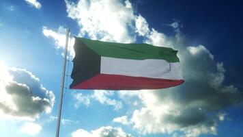 Flag of Kuwait waving at wind against beautiful blue sky. 3d rendering photo