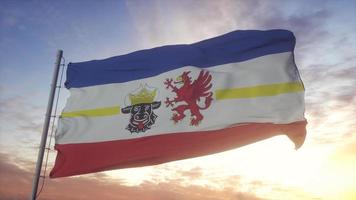 bandera de mecklemburgo-pomerania occidental, alemania, ondeando en el fondo del viento, el cielo y el sol. ilustración 3d foto