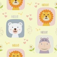 Seamless pattern with cute bear, lion, and hippo character vector