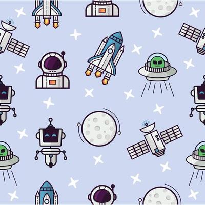 Seamless pattern with space theme. Rocket, astronaut, robot and moon pattern