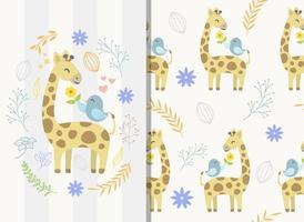 Seamless pattern with giraffe and bird cute illustration vector
