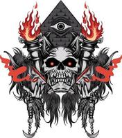 skull with fire torch and split head and has pyramidal eyes at the back of the skull, suitable for printing vector