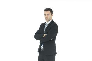 Handsome and smart businessman in black suit isolated on white background. Business and Finance concept. Copy Space photo