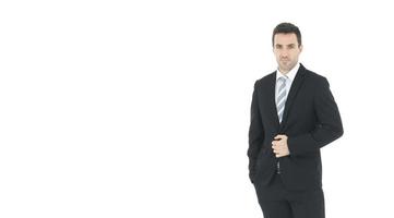 Handsome and smart businessman in black suit isolated on white background. Copy Space photo