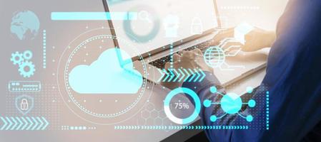 Cloud access for businessman., managing internal systems efficiently.,Cloud data transmission system concept photo