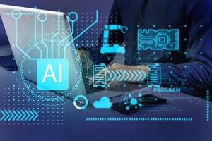 Software engineers work to develop AI systems for work.,Programmers design AI systems to operate various devices. photo