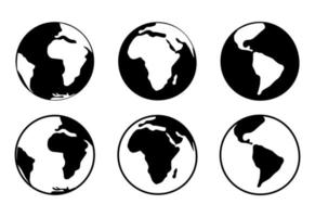 Set of black and white planets earth. Isolated icons, silhouettes of the earth. Vector illustration.