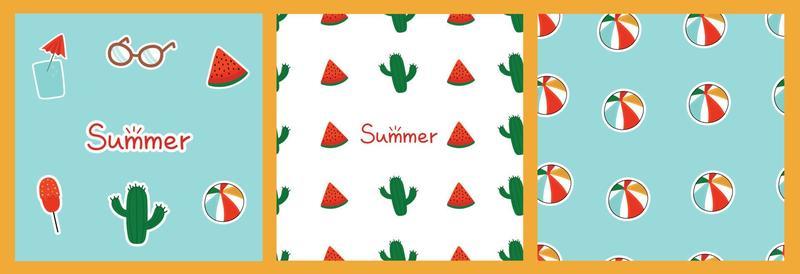 Collection of seamless summer patterns and stickers. Set of vector elements and backgrounds with watermelons, beach balls, cactus.