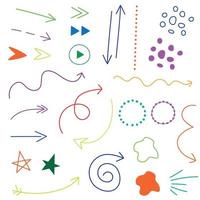 Set of hand drawn colored arrows and frames. Doodle set of isolated pointer stickers icons. Vector illustration.