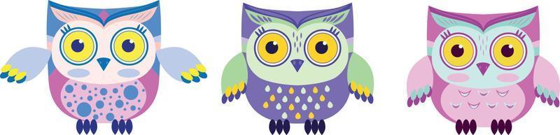 Set of cute colored owls. Flat vector illustration