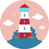 Lighthouse on the island. Vector flat illustration.