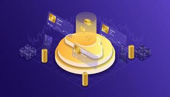 Cryptocurrency, bitcoin, ethereum, cardano, blockchain, mining, technology, internet IoT, security, mobile dashboard isometric 3d illustration vector design cpu computer
