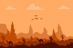 Desert landscape with cactus and hills silhouettes background Vector illustration