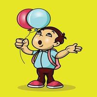 estudiante de escuela lindo de dibujos animados sosteniendo dos globos de regreso a la escuela vector