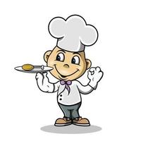 a cute chef is holding delicious food on a plate vector