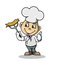 a cute chef holding grilled sausage vector