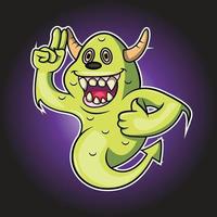 cartoon cute green monster showing two finger gesture vector