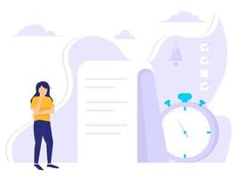 People planning concept. Entrepreneurship and planning a time schedule by filling in a time schedule. Vector illustration of woman thinking about business time event.