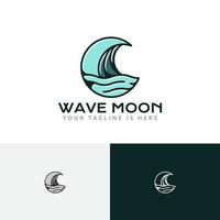 ola luna creciente playa bahía costa mar noche naturaleza logo vector