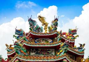 Colorful chinese dragon and swan sculpture on the rooftops of chinese temple photo