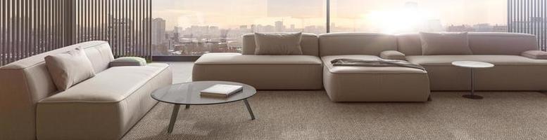 sala de estar de diseño interior minimalista. iluminación y soleado apartamento moderno con grandes ventanales y vistas al atardecer. Ilustración de procesamiento 3d.
