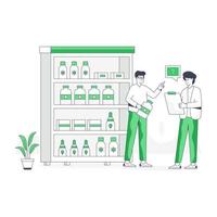 An editable flat illustration of pharmacy rack