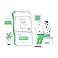 Person using mobile for online shopping, flat illustration vector