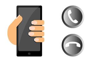 Hand holding a smartphone and two telephone button icon for web. vector illustration