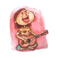 illustration hand drawn happy girl plays guitar vector