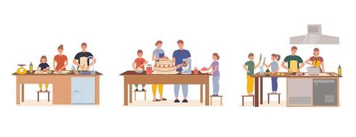 Happy family having children cooking together set vector