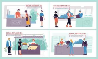 People social distancing at shop, eating place set vector