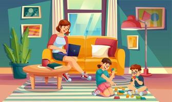 Mother children spend summer weekend time at home vector