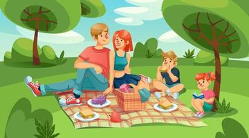 Happy loving family kids on picnic in green park vector