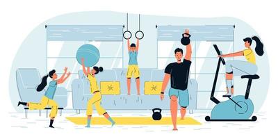 feliz activo familia deporte entrenamiento hogar actividades vector