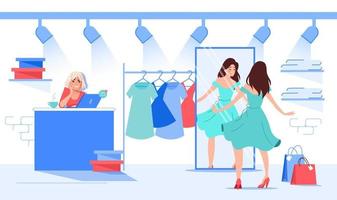 Beautiful woman choosing dress at fashion boutique vector