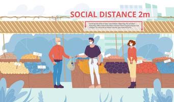 People in mask social distancing at food market vector