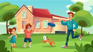 Happy father playing cheerful children in yard vector