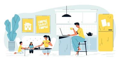Busy father freelancer work on laptop at home vector