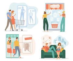 People shopping online via mobile application set vector