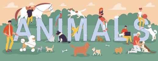Tiny people walking pet over big letter animal vector