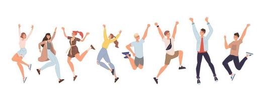 Happy people jumping high giving high five set vector