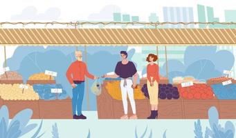 la familia compra productos ecológicos naturales en el mercado callejero vector