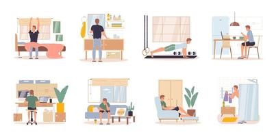 Man character work activities daily routine set vector