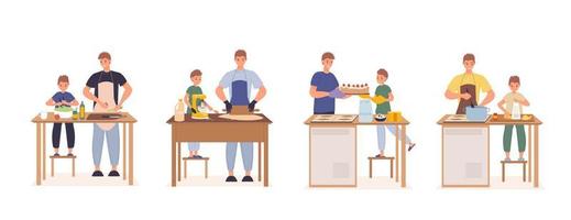 Happy father son cooking together at kitchen set vector
