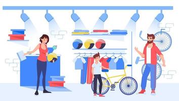 los padres eligen comprar bicicletas para su hijo en la tienda de bicicletas vector