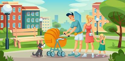 Happy family children on walk in city street yard vector