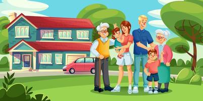 Gathering big family standing in suburb house yard vector