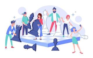 People character engaged in chess game on board vector