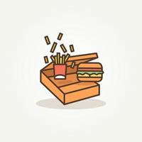 saltando hamburguesa y papas papas fritas en las cajas de comida diseño de ilustración de vector de plantilla de icono plano simple